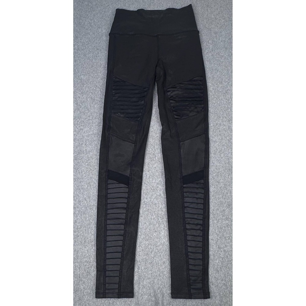 Alo Yoga High Waisted Moto Leggings Black Size XS Faux‎ Leather Mesh Panels